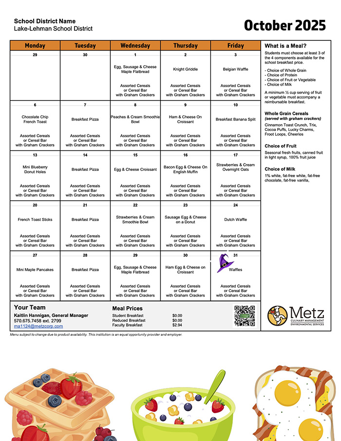 Breakfast menu for October 2025