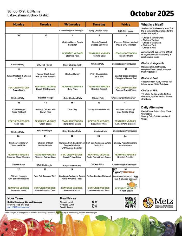 Lunch menu for October 2025