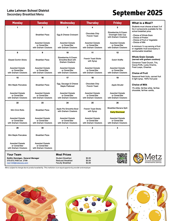 Breakfast menu for September 2025