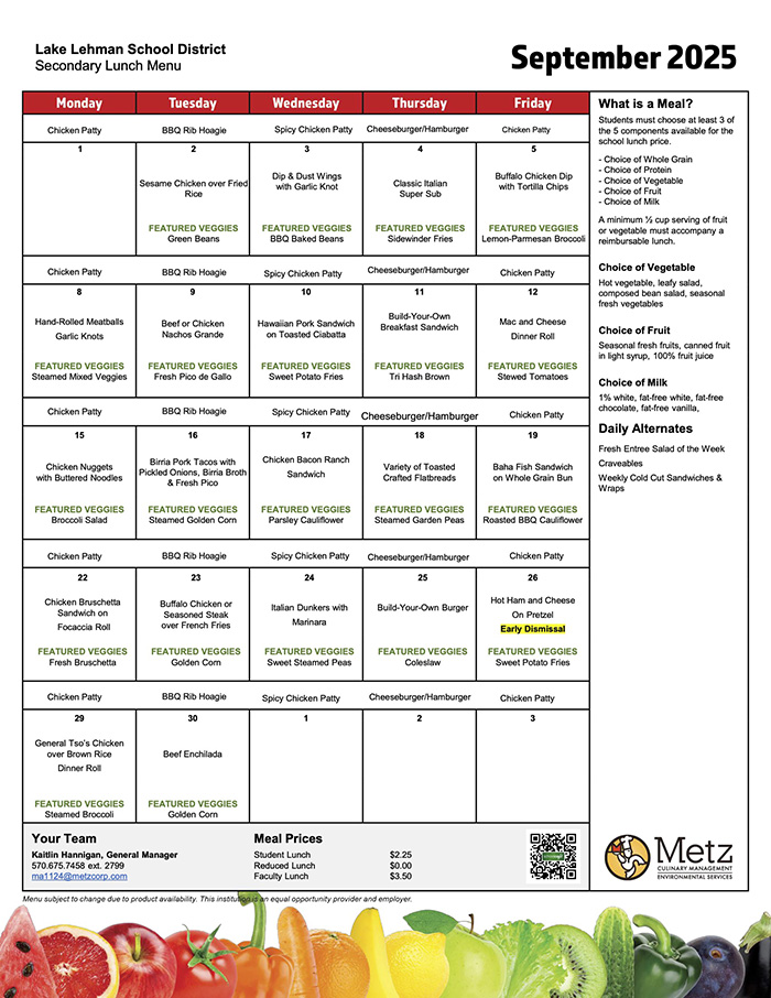 Lunch menu for September 2025